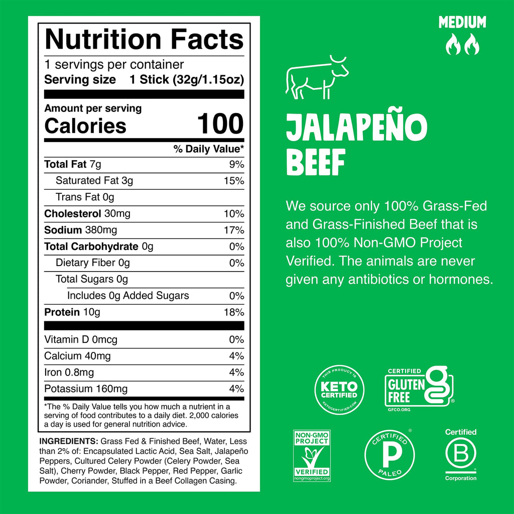 Chomps Jalapeño Beef, Grass-Fed & Finished, 10ct, Protein Snack Stick
