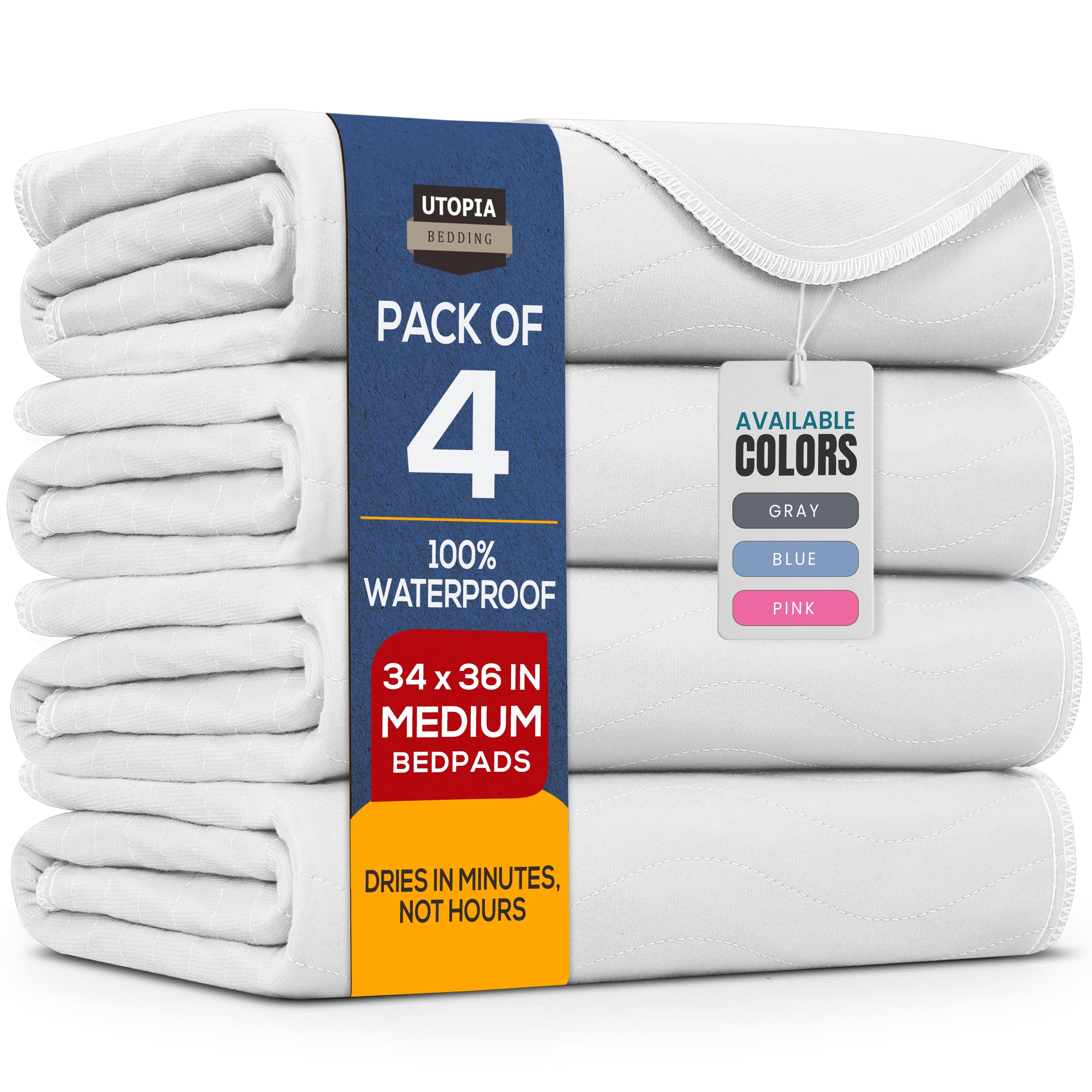 Utopia Bedding Washable Underpads 34" x 36" (Pack of 4), Waterproof Reusable Heavy Absorbency Incontinence Bed Pads for Adults, Kids, Elderly and Pets, Bedwetting Pads for Sofa and Couch (White)