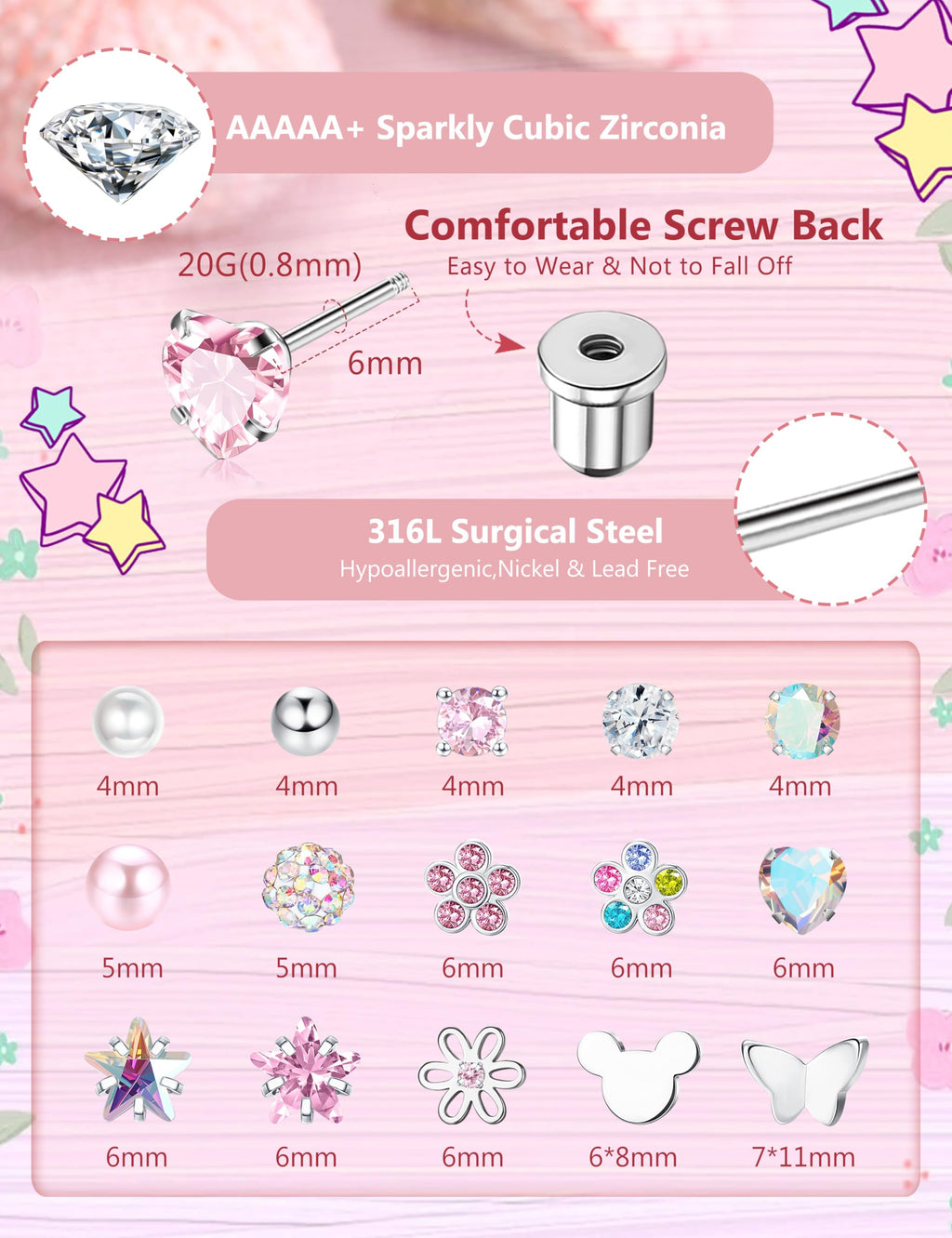 CASSIECA 16Pairs Hypoallergenic Screw Back Earrings for Girls Stud Earrings