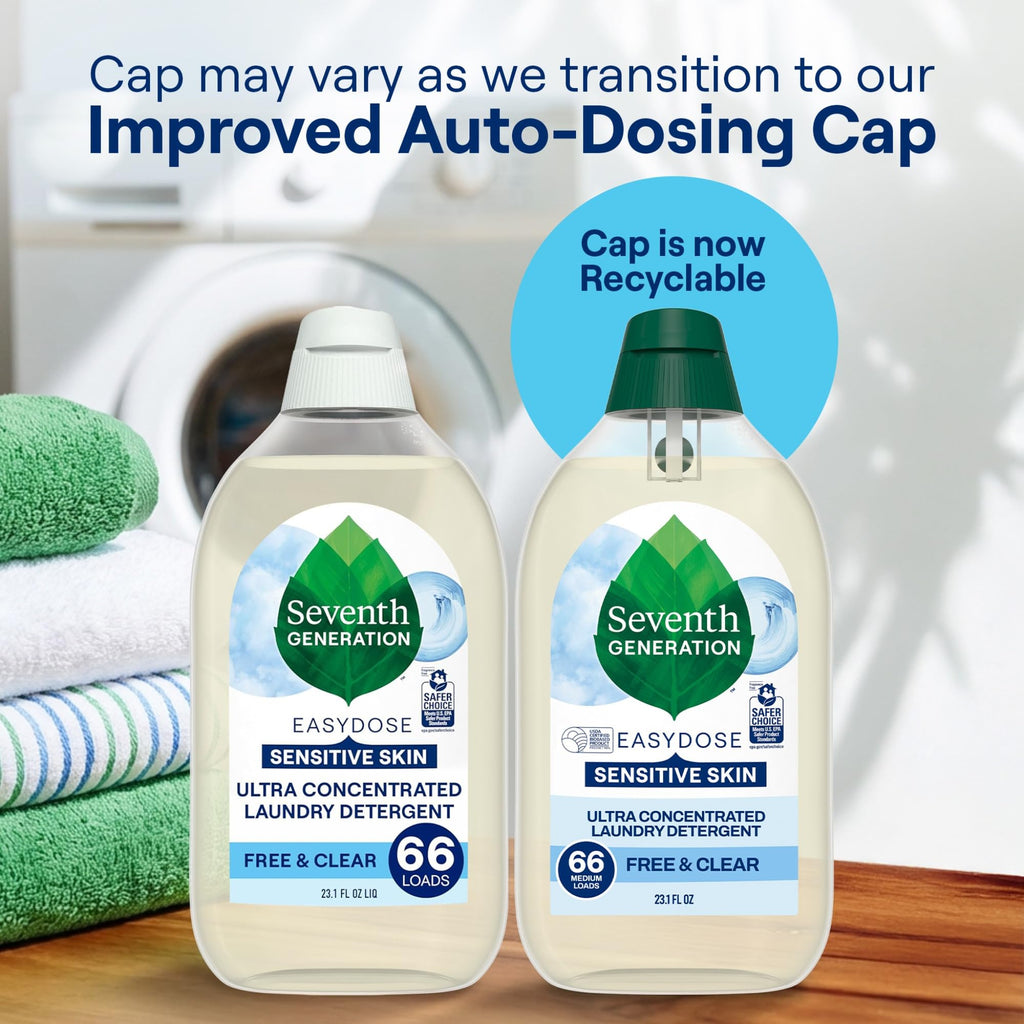 Seventh Generation Ultra Concentrated Free & Clear Laundry Detergent, 23.1 fl oz, 2 Pack, No Dyes or Fragrance, EasyDose Cap, Sensitive Skin Liquid Laundry Soap Targets Stains and Everyday Messes