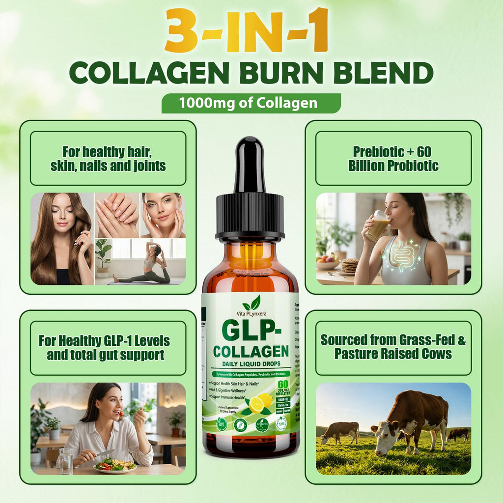 Vita PLynxera Hydrolyzed Collagen Peptides + Prebiotic & Probiotics Liquid Drops for Women, 60 Billion CFU Support Digestive Skin Hair Nails, Liquid Collagen Burn Drops