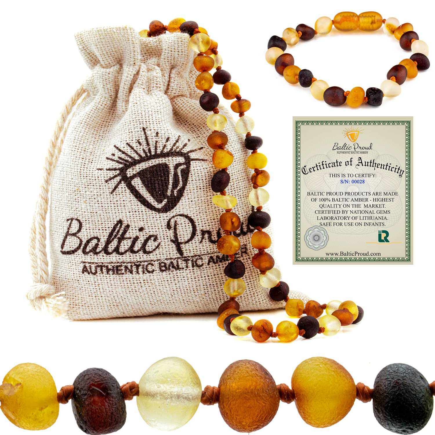 Baltic Amber Necklace & Bracelet Gift Set (Unisex Raw Multi 12.5"/5.5")