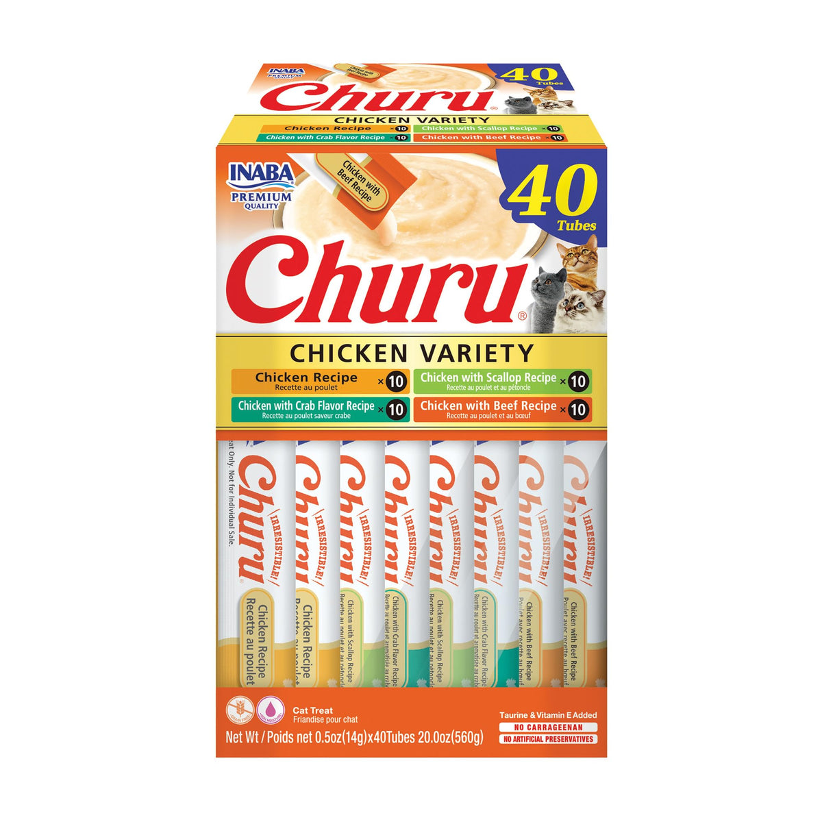INABA Churu Cat Treats, Lickable, Squeezable Creamy Purée Cat Treat with Green Tea Extract & Taurine, 0.5 Ounces Each Tube, 40 Tubes, Chicken Variety Box