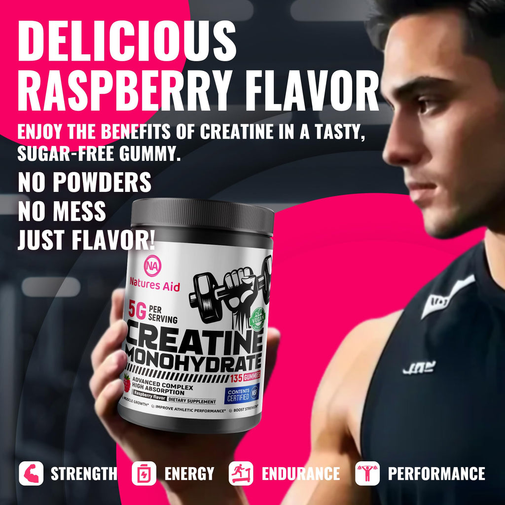 Natures Aid NSF Certified Creatine Gummy 5g - Creatine Monohydrate Gummies – Pre-Workout Energy & Muscle Growth Support for Men & Women | Raspberry Electrolyte Gummies (135 Count)
