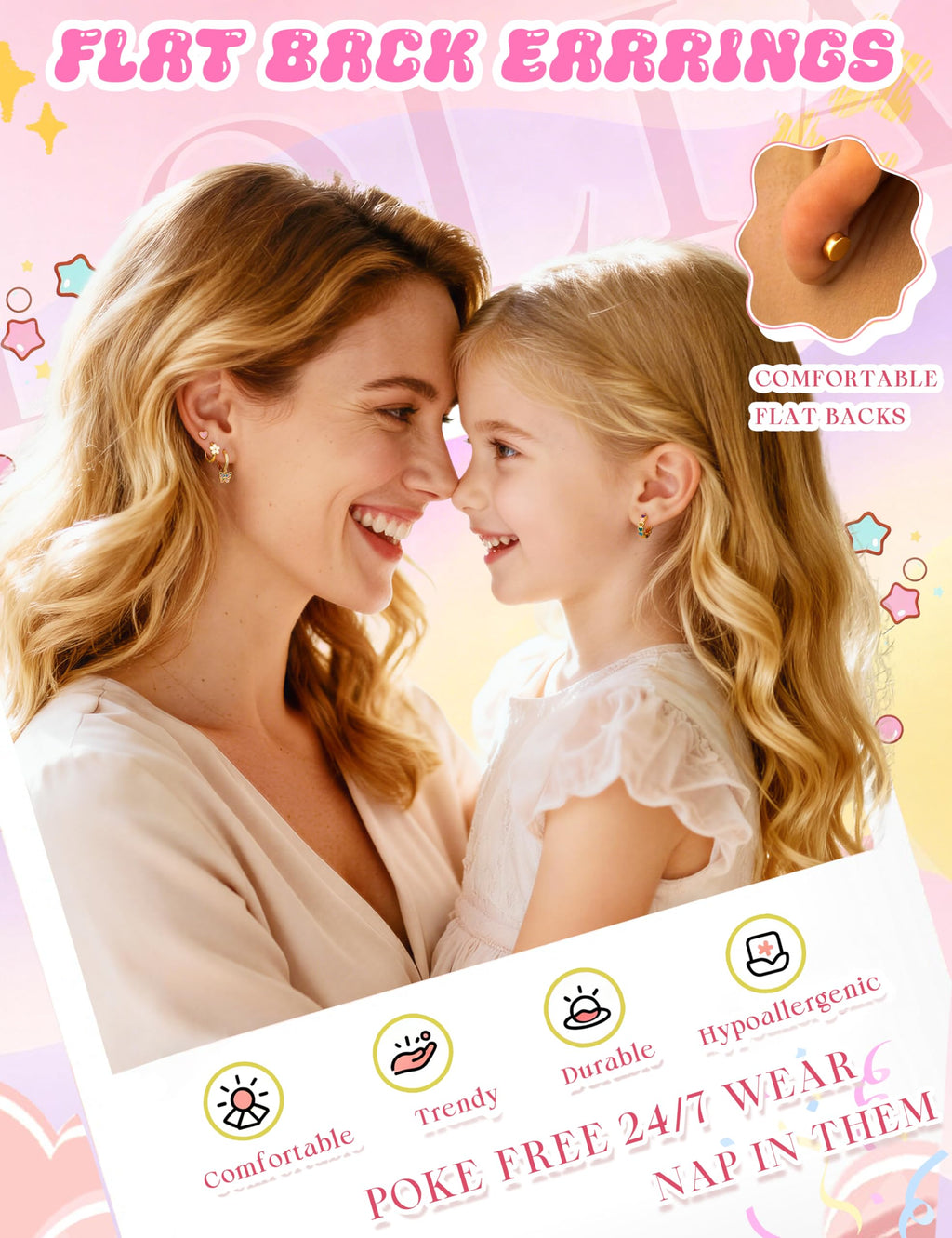 Hypoallergenic Earrings for Girls,Surgical Steel Flat Back Earrings Gold