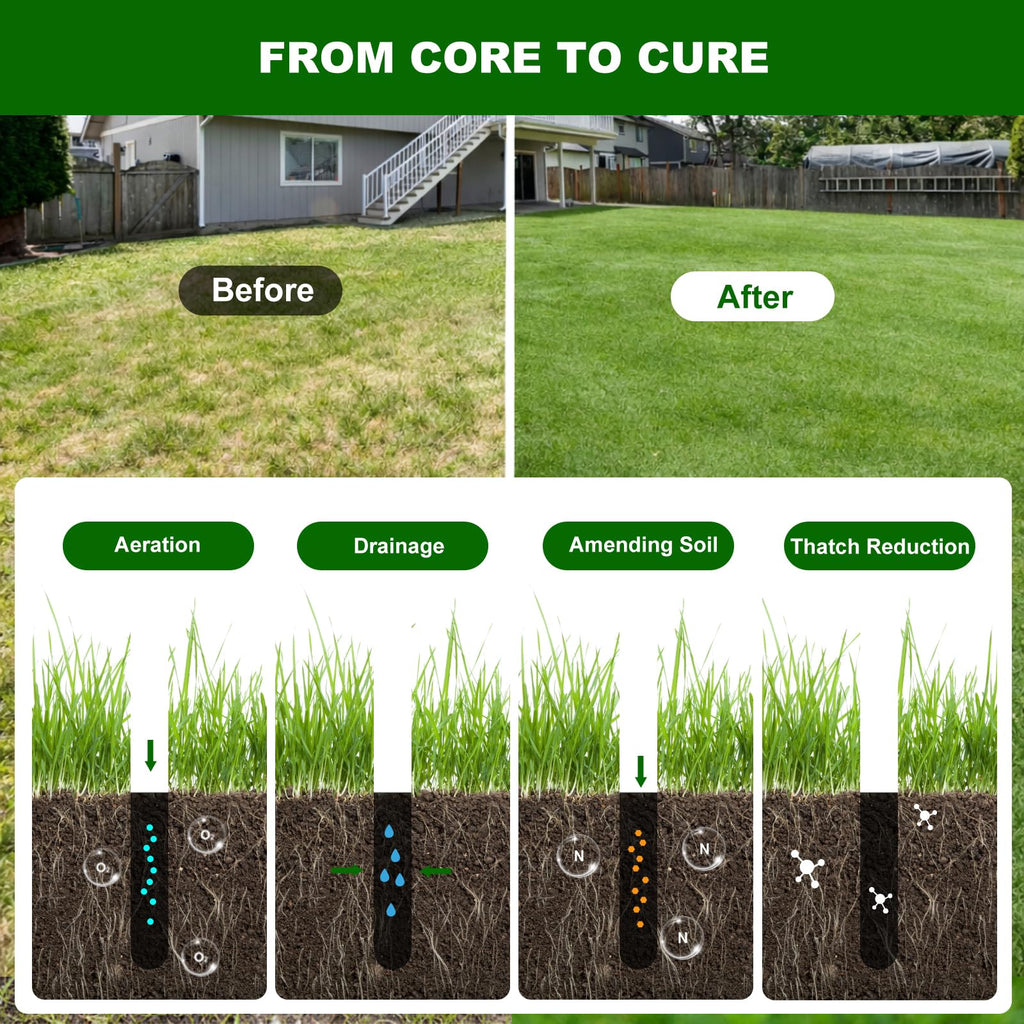 Qdreclod Core Aerator Lawn Tool Manual Lawn Aerator Tool with 4 Hollow Tines Non-Clogging Heavy Duty Plug Aerator for Soil Loosening Lawn Aeration, Revives Lawn Health,Garden Tool