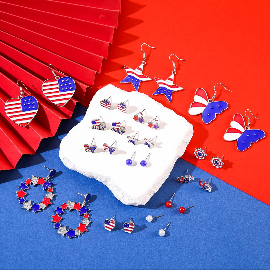 30 Pieces 4th of July Earring Stud Patriotic Earrings Set for Women Enamel Heart Star Butterfly USA Flag Earring Hypoallergenic Independence Day Earrings Jewelry Accessories(15 pairs Fourth of July)