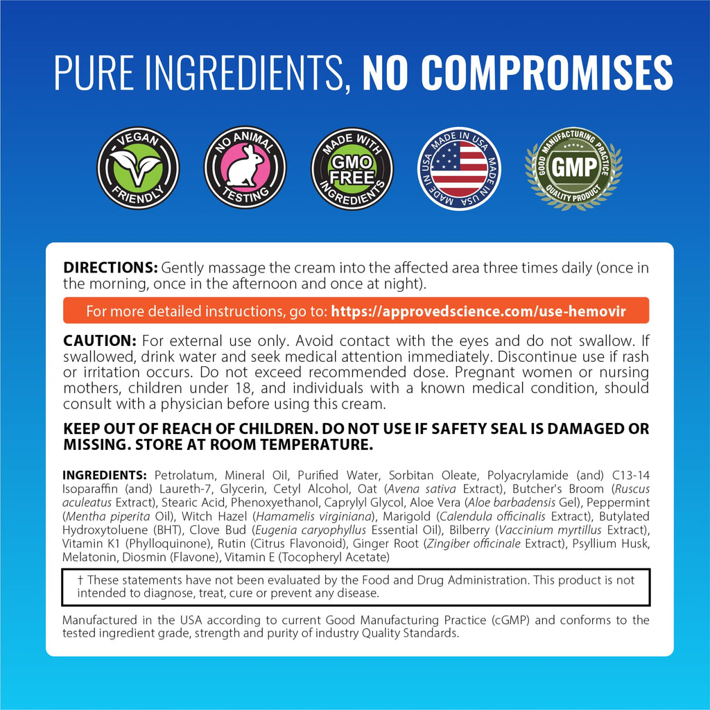 Approved Science Hemovir Cream - Hemorrhoid Support - 2 Fl Oz - Stops Itching and Optimizes Blood Flow - Restores Damaged Skin Tissue - Non GMO - Made in The USA