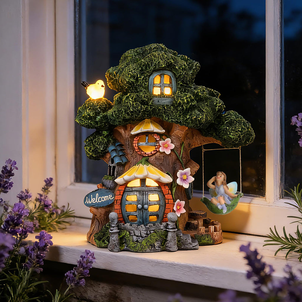 Fairy Garden House, Solar Fairy Houses for Outside, Tree Stump Cottage