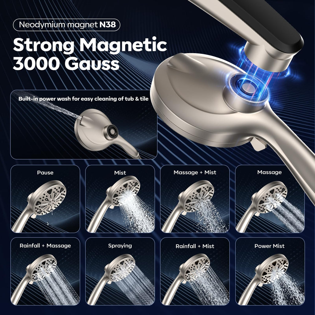 Rain Shower Head with Handheld High Pressure rainfall Shower Heads with Handheld Spray Combo Adjustable one-piece stand daul shower head Built-in Magnetic Docking and Power Jets-Nickel