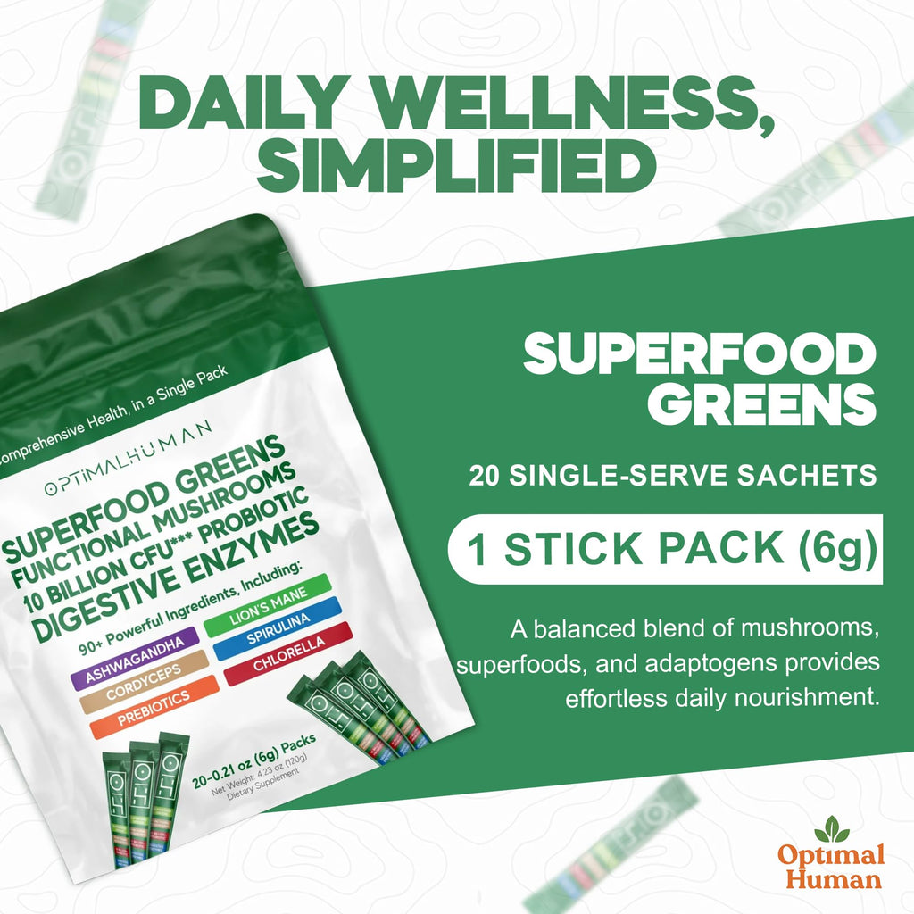 Optimal Human Superfood Greens Powder – 90+ Ingredient Blend with Lion’s Mane Supplement, Ashwagandha & Turmeric – Non-GMO, Soy-Free, Mushroom Supplements – 20 Sachets