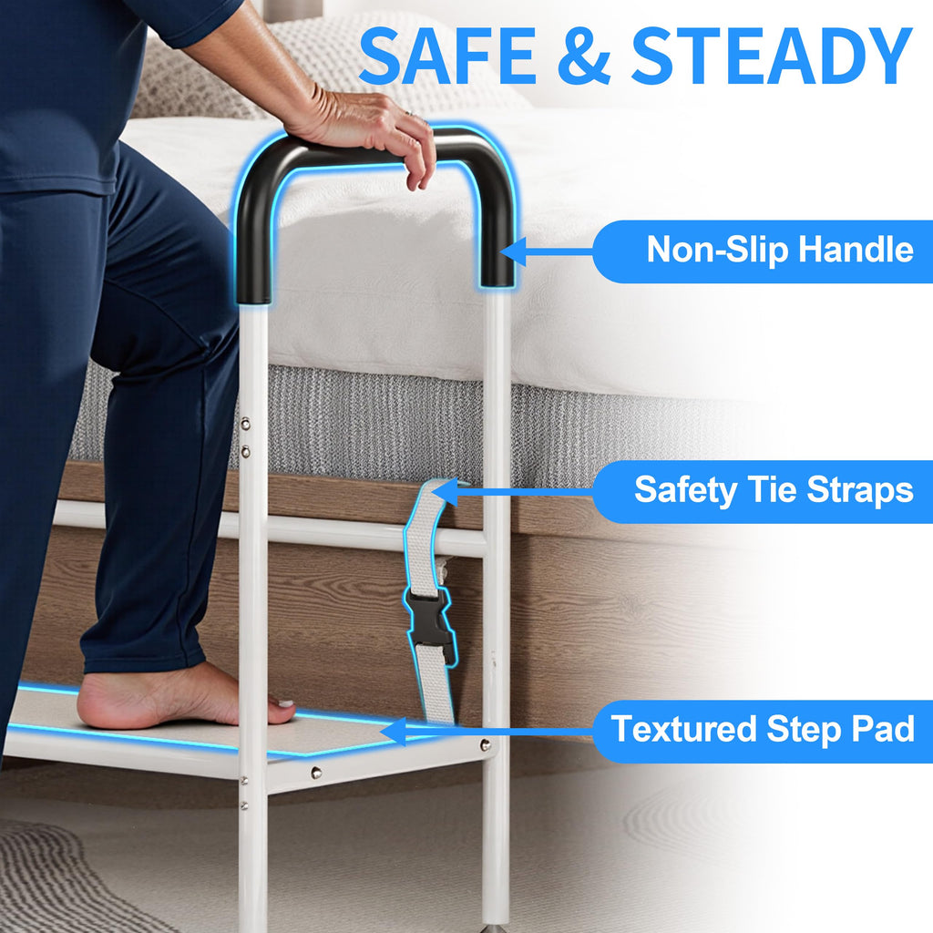 Josmimic Bed Step Stool for Adults, Bedside Steps for Elderly Seniors with Non-Slip Handle & LED Light, Stable Assist Rail for High Beds