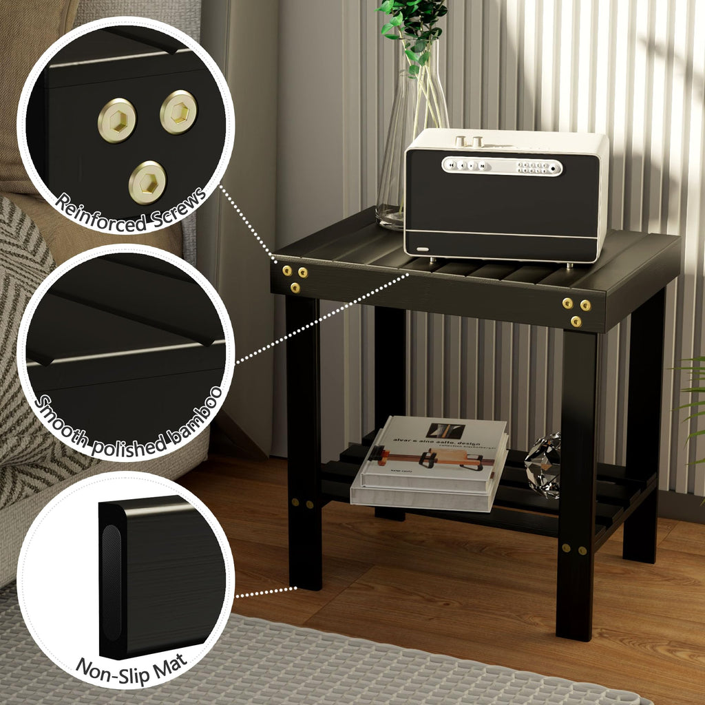 Glavbiku Bamboo Shower Bench, Shower Stool for Shaving Legs with Non-Slip Feet Storage Shelf Safe and Stable, Kids Adults Sauna Chair for Spa, Bathroom, Bedside, Living Room, Outdoor Side Table