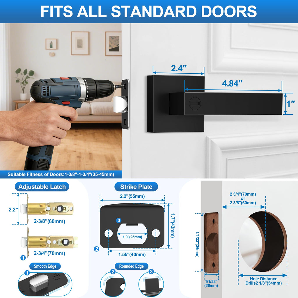 Plustool 1 Pack Matte Black Door Handles, Keyless Interior Door Knobs, Privacy Door Lever Locksets for Bedroom Bathroom, Heavy Duty Square Door Lock, Reversible for Left&Right Handled Doors
