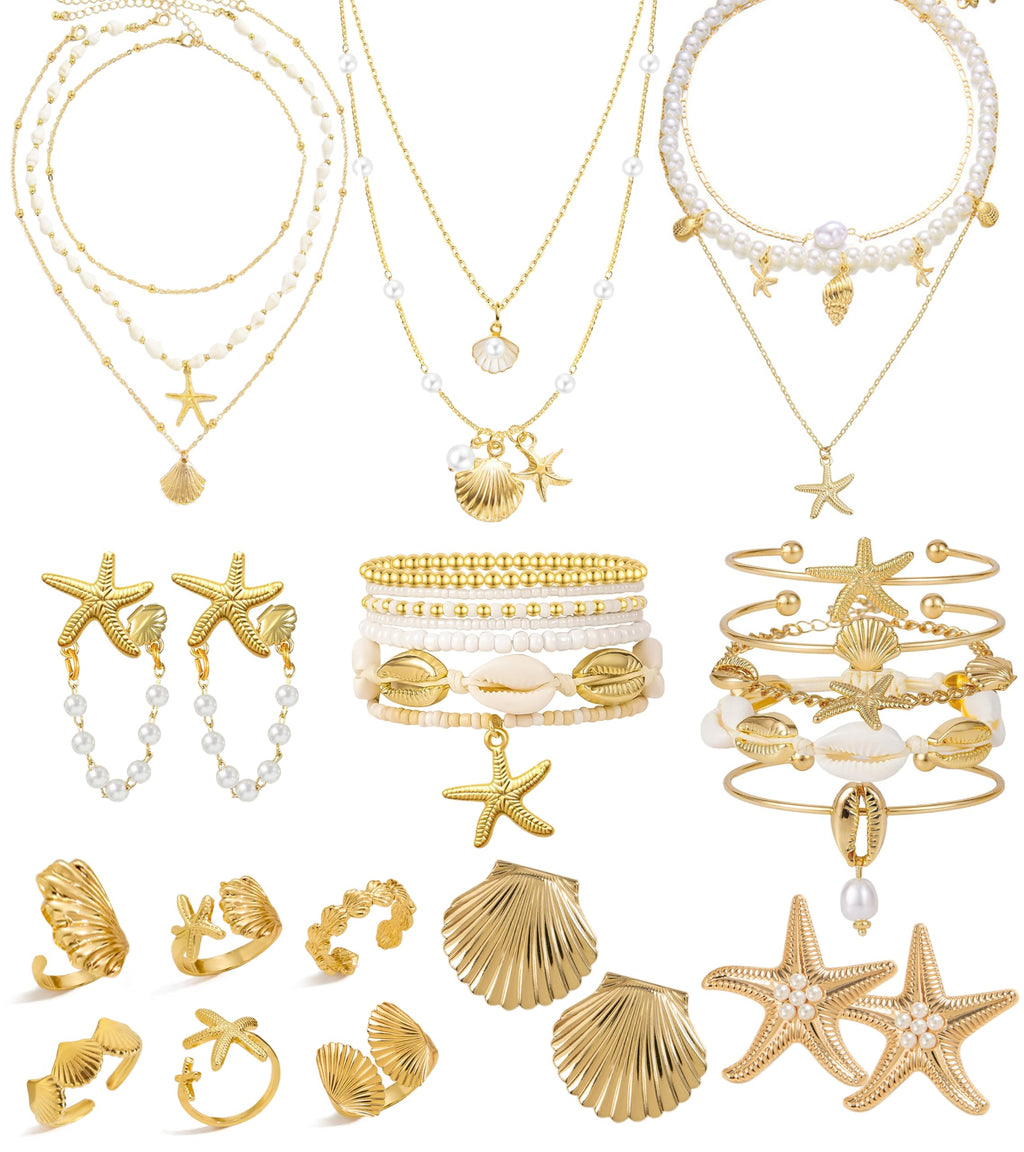 Vieyomn 32 Pcs Starfish Seashell Jewelry Set for Women Layer Necklace Bracelets Stackable Shell Starfish Rings Stud Earrings Pearl Beach Vacation Accessories
