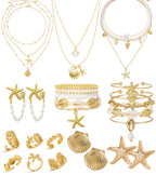 Vieyomn 32 Pcs Starfish Seashell Jewelry Set for Women Layer Necklace Bracelets Stackable Shell Starfish Rings Stud Earrings Pearl Beach Vacation Accessories