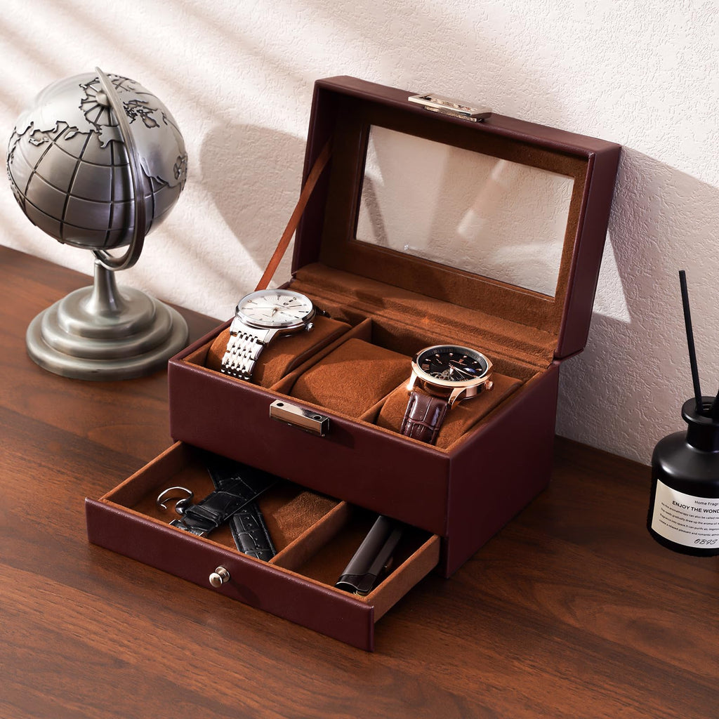 ProCase Watch Box, 3 Slot Watch Display Case with Drawer -Espresso