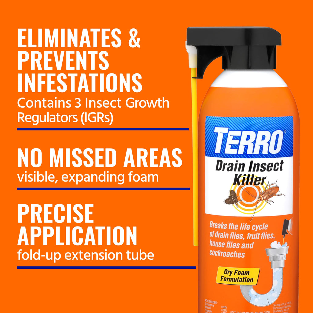 TERRO T590 Drain Insect Killer Foam 1-Pack - Indoor Infestation Treatment for Cockroaches, Drain Flies, House and Fruit Flies with Extension Tube Application