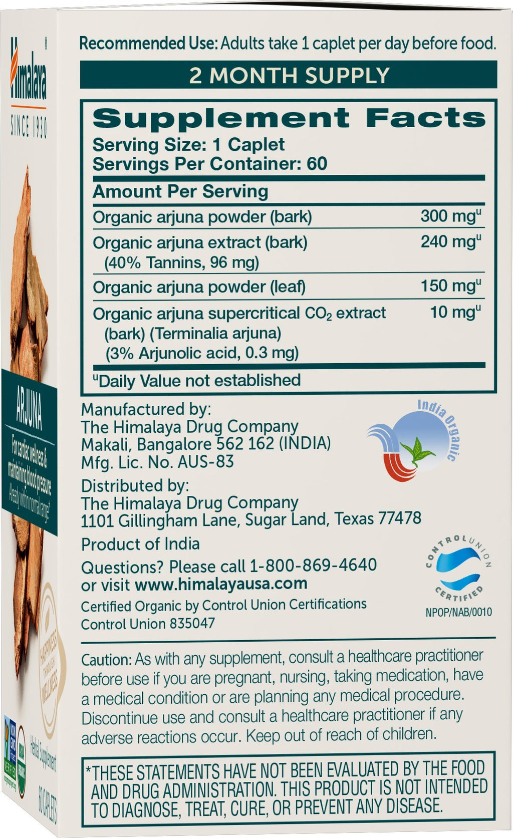Himalaya Organic Arjuna, 60 Day Supply - Herbal Supplement Supporting Heart Health and Normal Blood Pressure - USDA Organic, Vegan, Non-GMO, Gluten Free, 700 mg, 60 Caplets