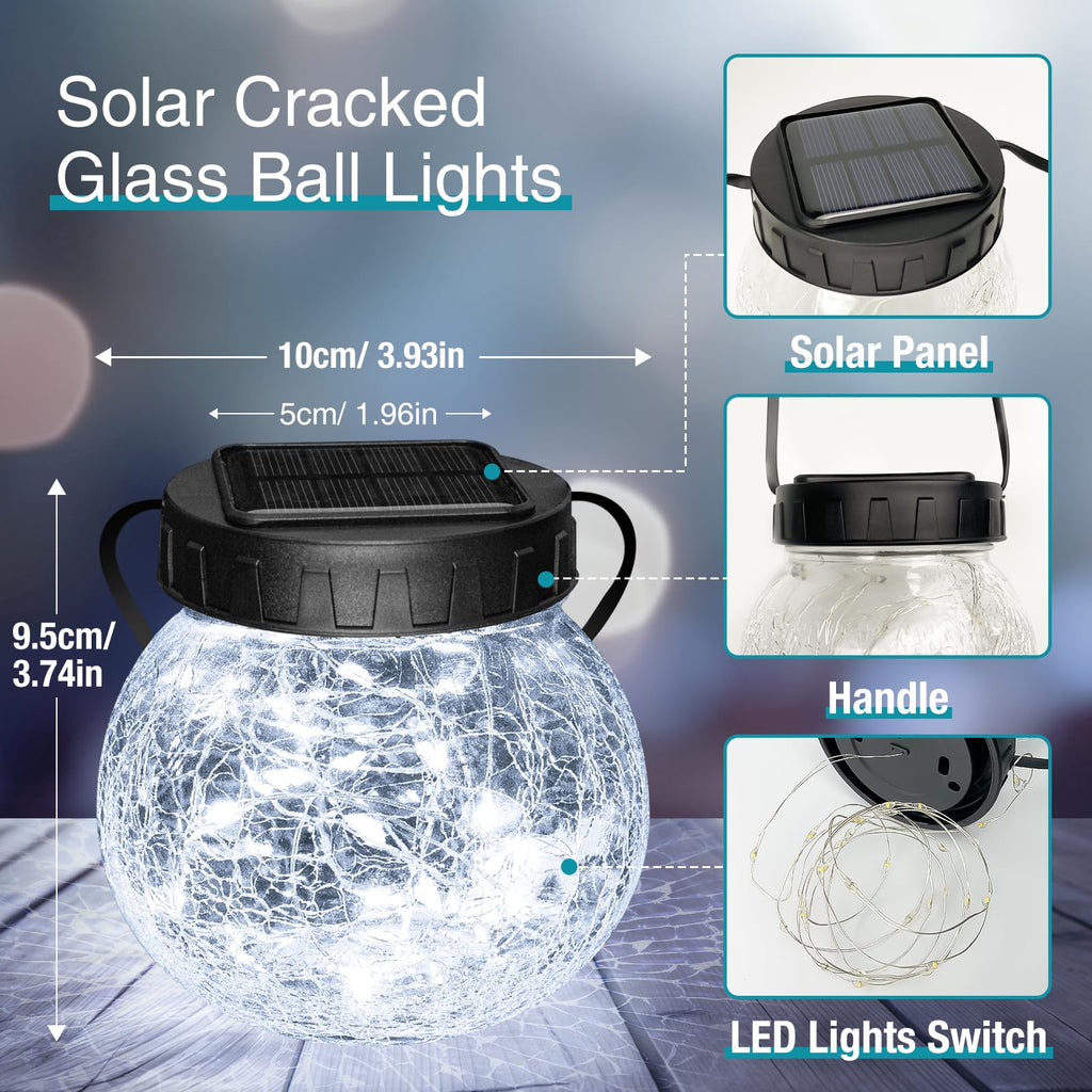 Kolpop Solar Lanterns Outdoor Waterproof 6 Pack, Hanging Solar Lights with 30 LED, Cracked Glass Hanging Globes for Garden Patio Fence Yard Christmas Tree Decoration, Cold White
