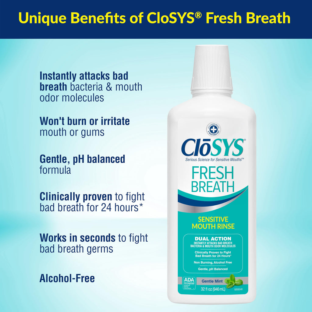 CloSYS Mouthwash, 32 Ounce, 2 Count, Fresh Breath Mouthwash, Gentle Mint, Alcohol Free, Dye Free, pH Balanced Mouth Wash, Helps Soothe Entire Mouth, Fights Bad Breath