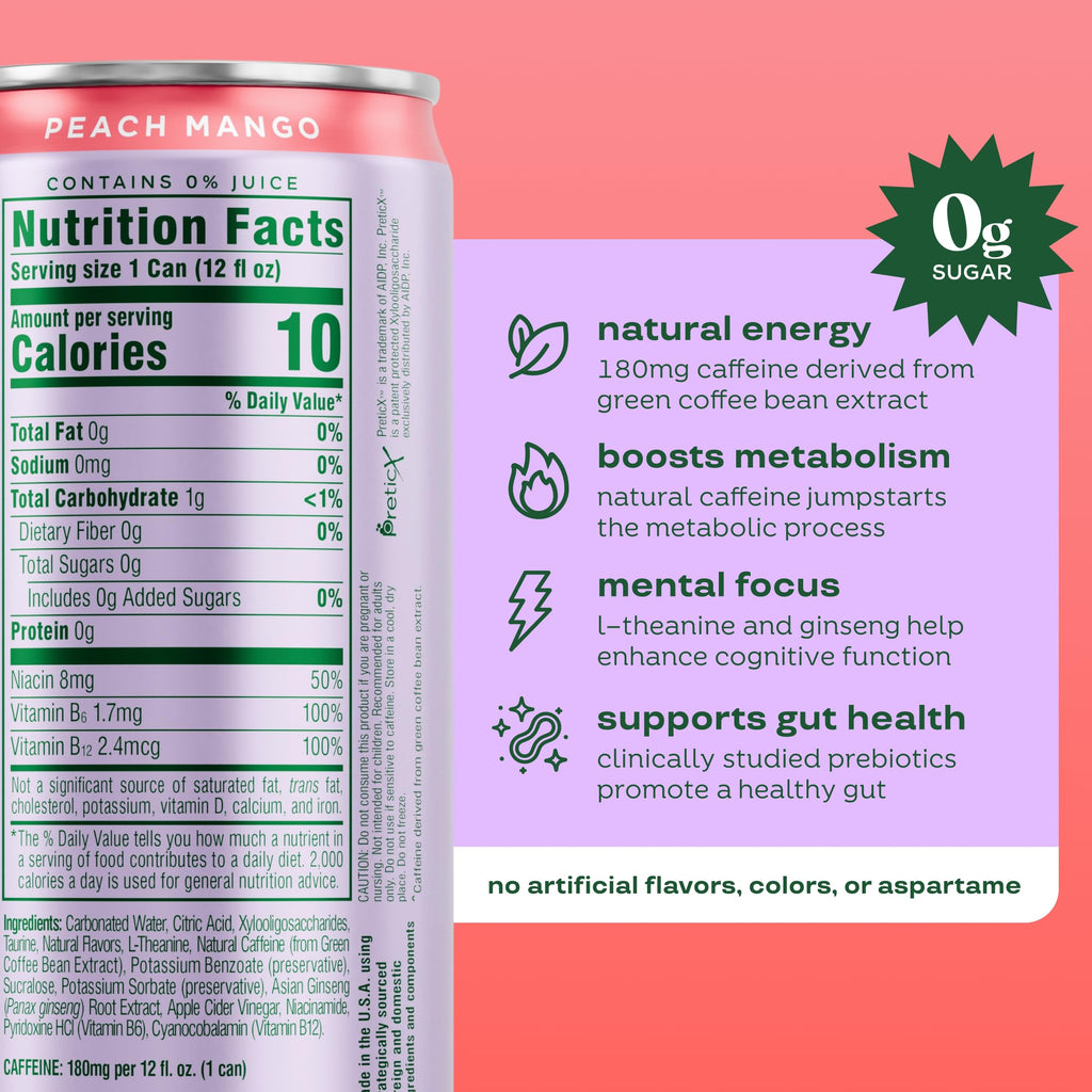 Bloom Nutrition Zero Sugar Energy Drink, Peach Mango, 12oz 12pk