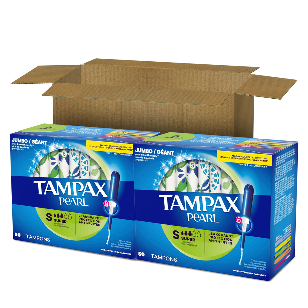 Tampax Pearl Tampons for Women, with LeakGuard Braid, Super Absorbency, Unscented, 100 Count (2 Packs of 50)