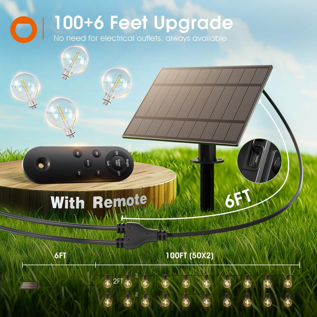 addlon 106FT(100+6) Solar String Lights with Remote, 54 Shatterproof G40 Bulbs, Commercial Grade Solar Powered Outdoor Light, Dimmable Waterproof Solar Lighting Outdoor for Garden Backyard Party Decor