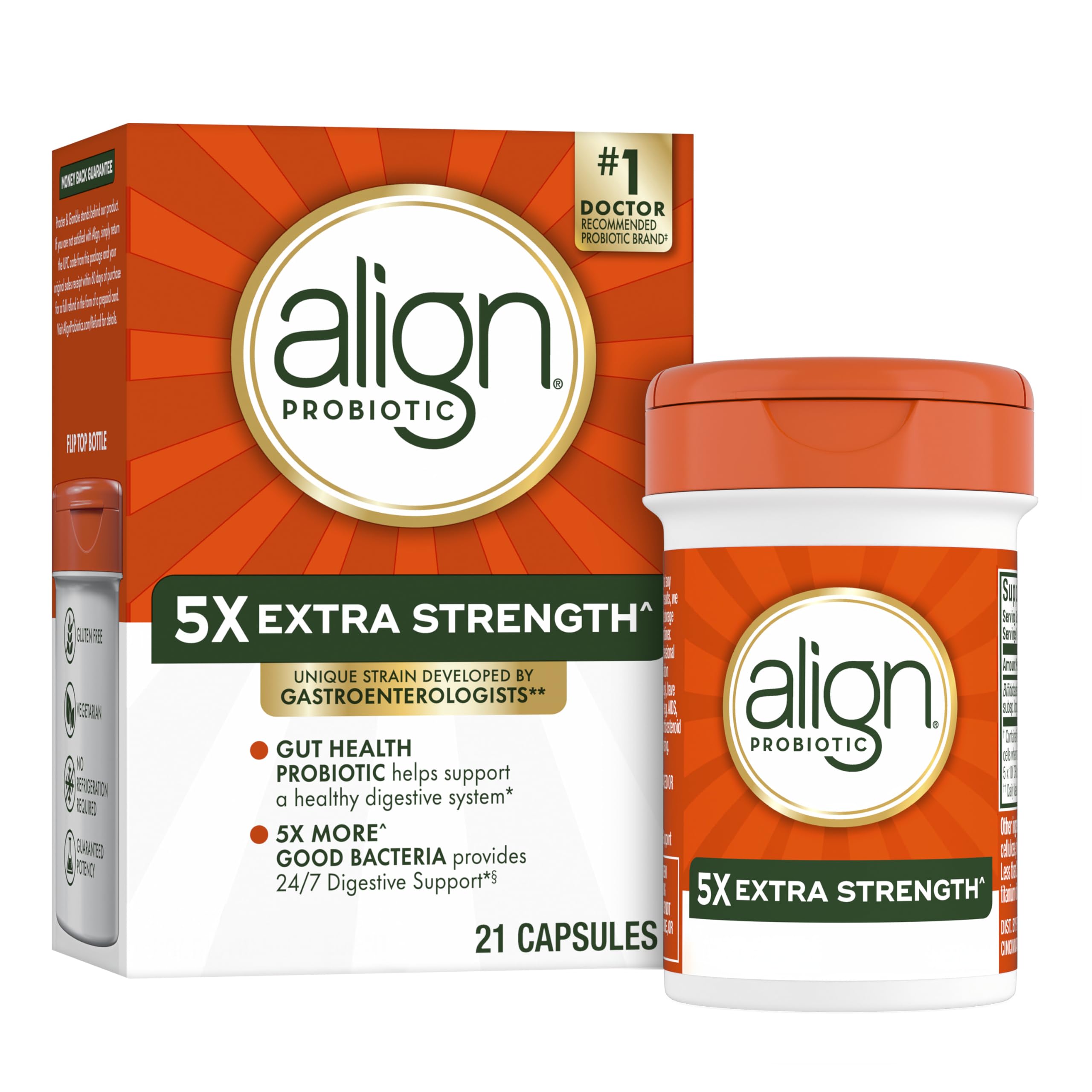 Align Probiotic Extra Strength, Probiotics for Women and Men, #1 Doctor Recommended Brand‡, 5X More Good Bacteria^ to Help Support a Healthy Digestive System*, 21 Capsules (Packaging May Vary)