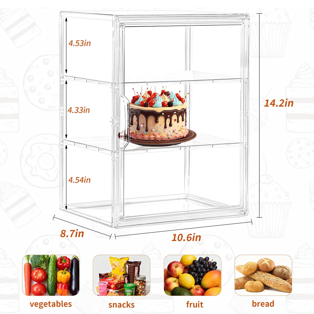SANKEU Pastry Display Case,Bread Box for Kitchen Countertop,3 Layers Adjustable Clear Bread Storage with Magnetic Door Small Bakery Pastry Display,1 Pack