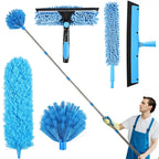 iHUFeather High Reach Duster Kit with14 ft Extension Pole High Ceiling Dusting and Window Cleaning Kit with Spliceable Pole - Cobweb Duster, Fan Blade, Window Washer & Squeegee and Feather Dusters