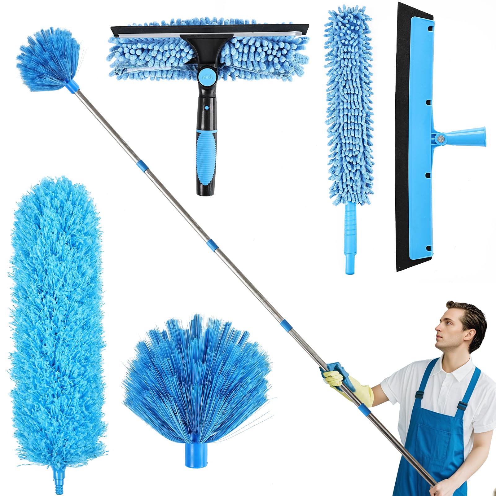 iHUFeather High Reach Duster Kit with14 ft Extension Pole High Ceiling Dusting and Window Cleaning Kit with Spliceable Pole - Cobweb Duster, Fan Blade, Window Washer & Squeegee and Feather Dusters