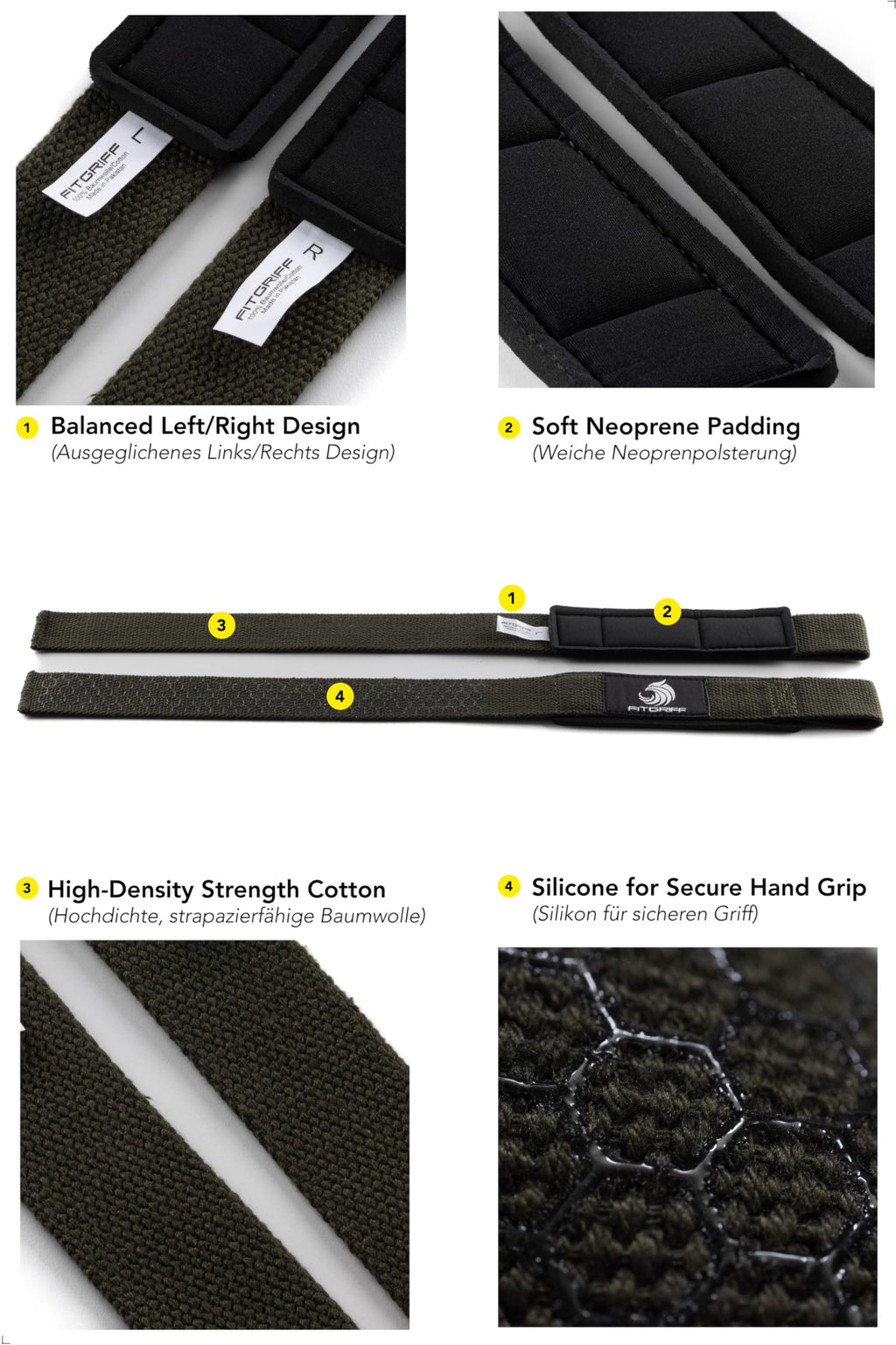 Fitgriff�� Lifting Wrist Straps for Weightlifting, Gym, Deadlift, Workout (Made of Premium Cotton & Padded) - Men & Women (Standard, Army Green (Silicone-Grip))