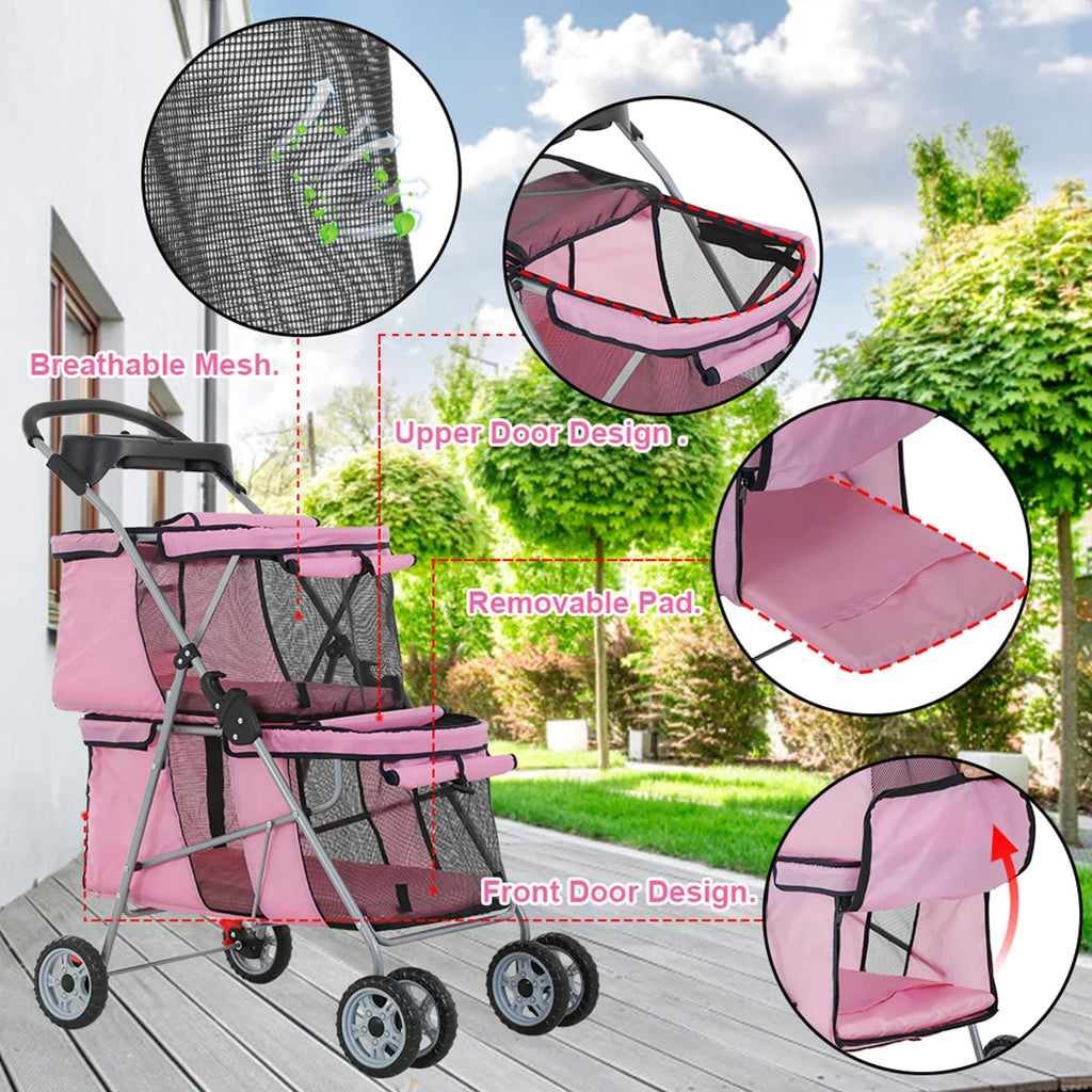 Double Layer Dog Stroller for 2 Small Dogs/Cats, 4 Wheels Pet Jogger With Removable Liner, Storage Basket, Rear Wheel Break - Folding Double Decker Portable Crate