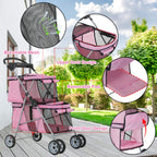 Double Layer Dog Stroller for 2 Small Dogs/Cats, 4 Wheels Pet Jogger With Removable Liner, Storage Basket, Rear Wheel Break - Folding Double Decker Portable Crate
