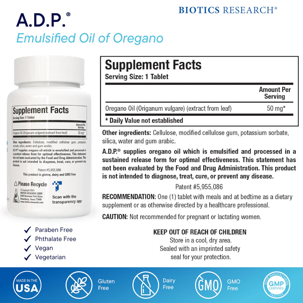 Biotics Research A.D.P. Emulsified Oil of Oregano Tablets for GI Health -Sustained Release for High Absorption Contains Carvacrol, Wild Oregano Oil 50mg/S - Patented Formula -Non GMO –120 Tablets