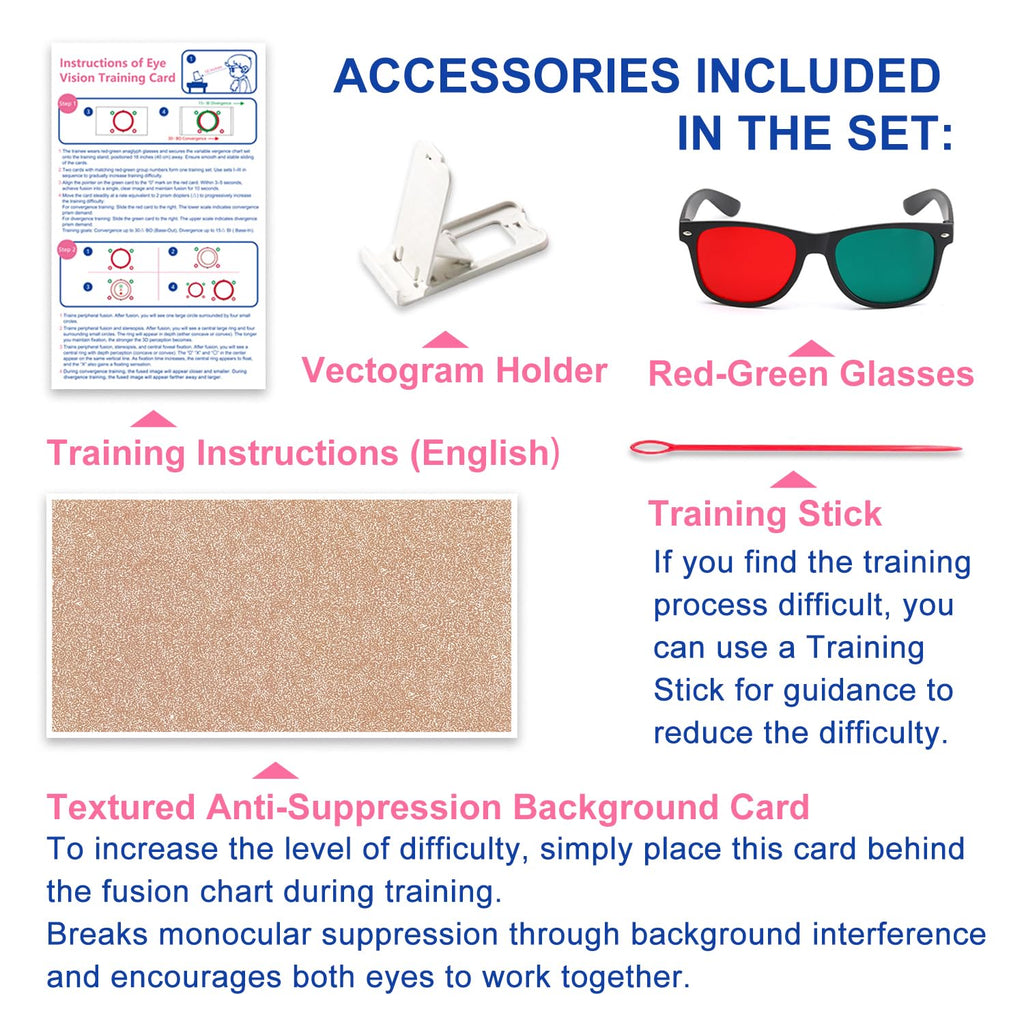 LAIDOLAILA Vision Training Convergence & Divergence Kit – 6 Red Green Variable Fusion Cards with Red Green Glasses, Pointer and Stand – Binocular Exercise & Stereopsis Practice for Home Use