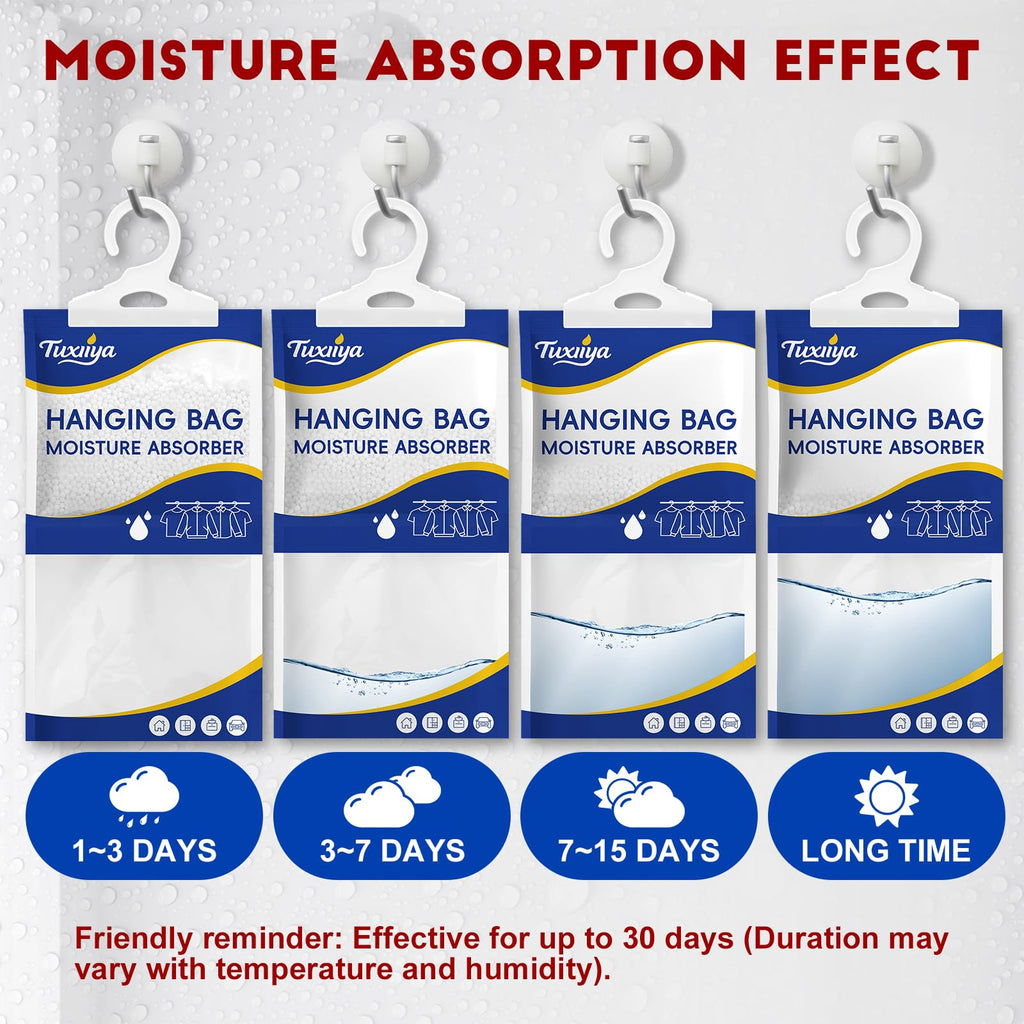TUXIYA Moisture Absorbers 30 Pack,Hanging Closet Dehumidifier Bags,Moisture Absorbing Bags, Desiccant,Moisture Absorbing Bags for Closet,Wardrobes,Bedrooms, Bathrooms