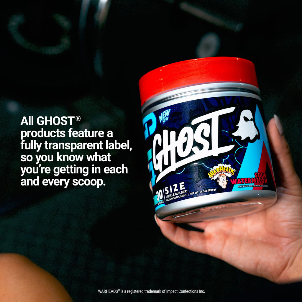 GHOST Size Muscle Builder Dietary Supplement - Warheads Sour Watermelon, 30 Servings – Support Muscle Growth & Strength Building for Men & Women - Creatine & Betaine - Free of Sugar & Gluten
