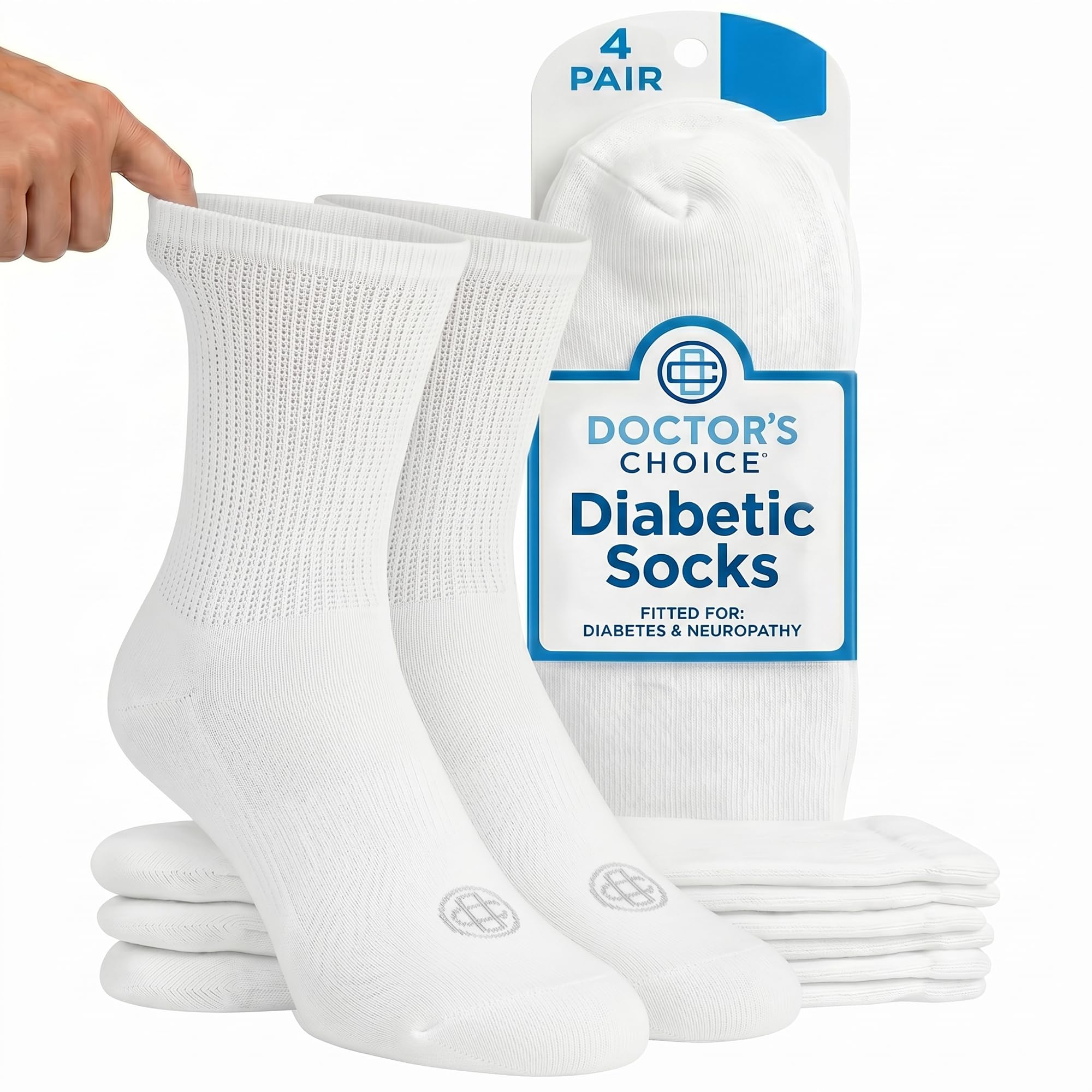 Doctor's Choice Diabetic Socks for Men, Seamless Crew Socks with Non-Binding Top, Provides Extra Comfort for Gout, 4-Pairs, White, X-Large, Size 12-15
