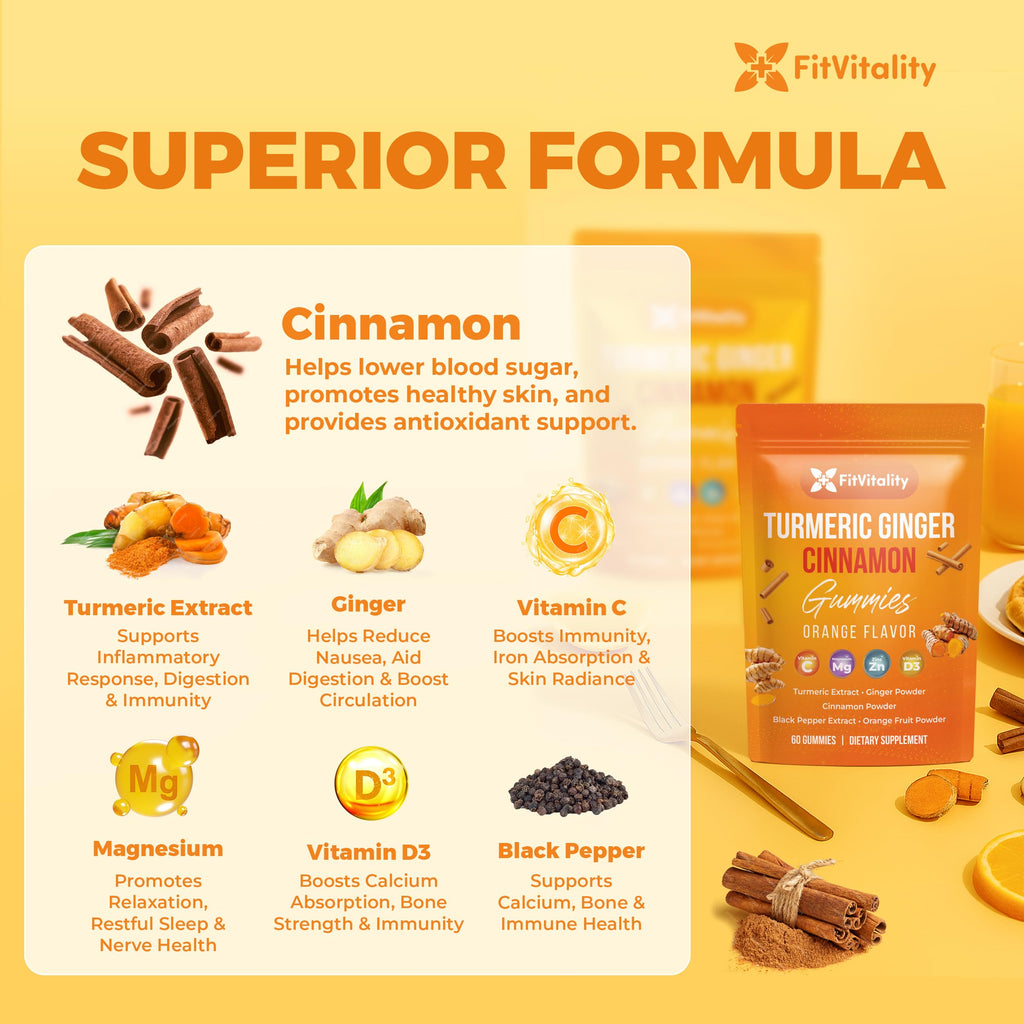Premium 60 Turmeric Ginger Cinnamon Gummies – with Vitamin E, B12, Magnesium, Black Pepper Extract & Vitamin D3 – Orange Fruit Flavor - Vegan Gummies