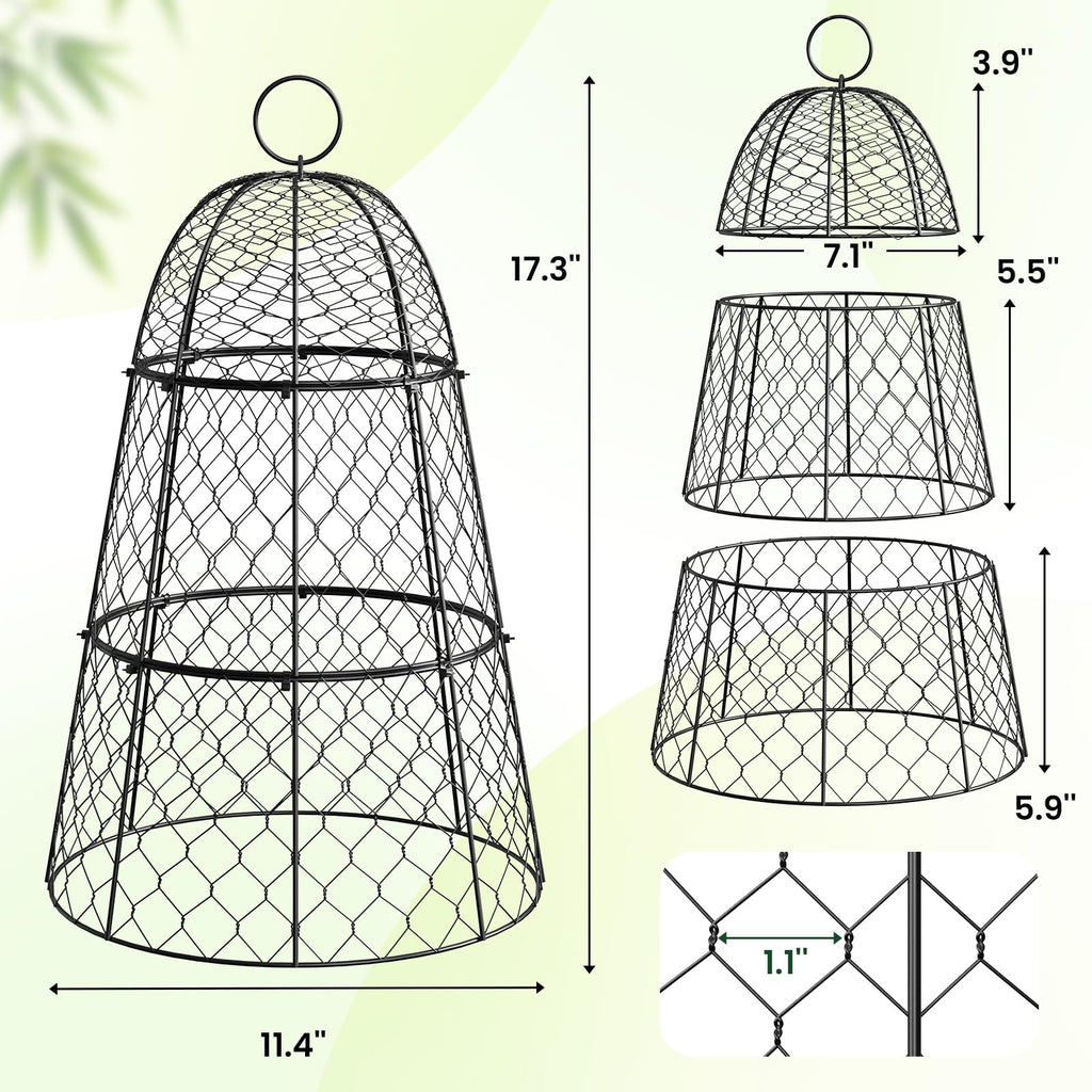 6 Pack Garden Cloche Plant Protectors from Animals, Adjustable 3-Tier Chicken Wire Plant Cages for Outdoor Plants, Stackable Metal Garden Cloches Keep Rabbits, Squirrels & Birds Away, 17.3" x 11.4"