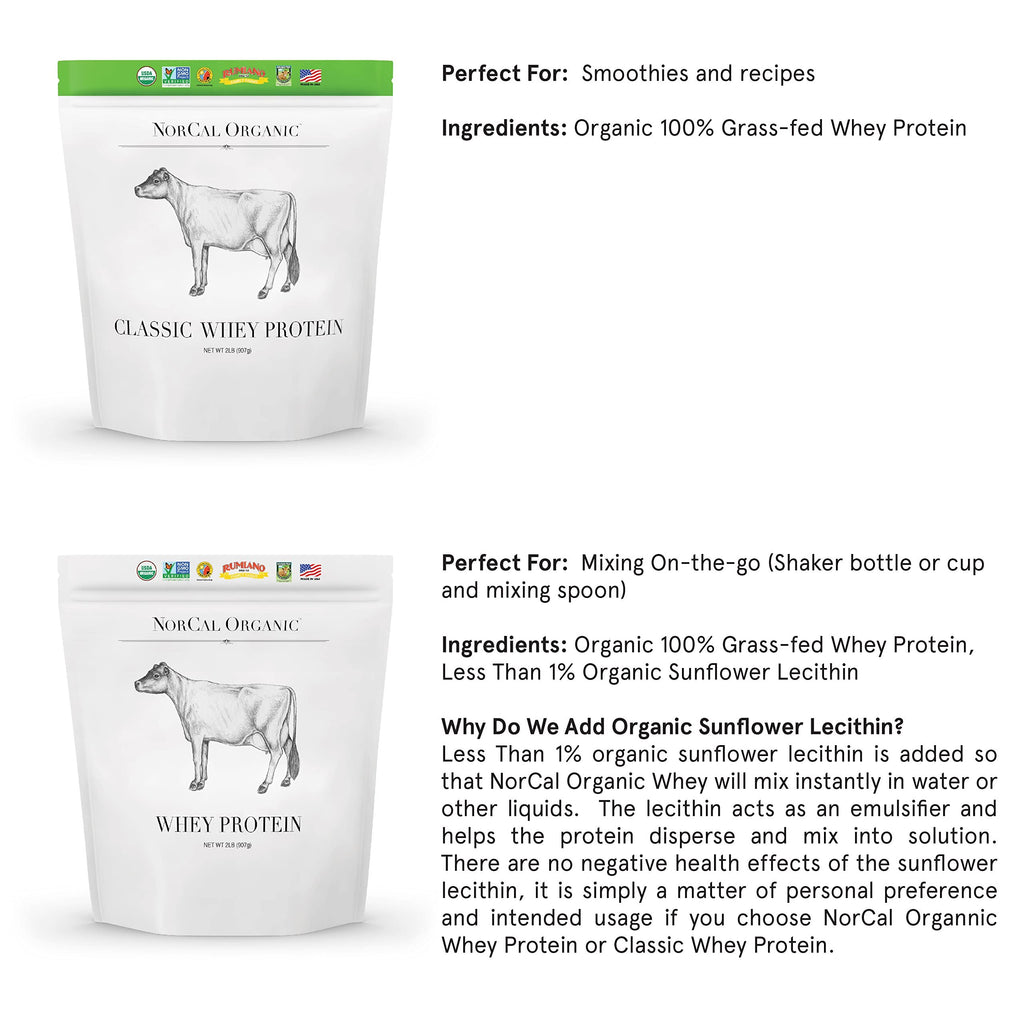 NorCal Organic - Classic Whey Protein - 100% Grass-Fed and Grass-Finished - UNFLAVORED - Lecithin-Free - 2lb Bulk