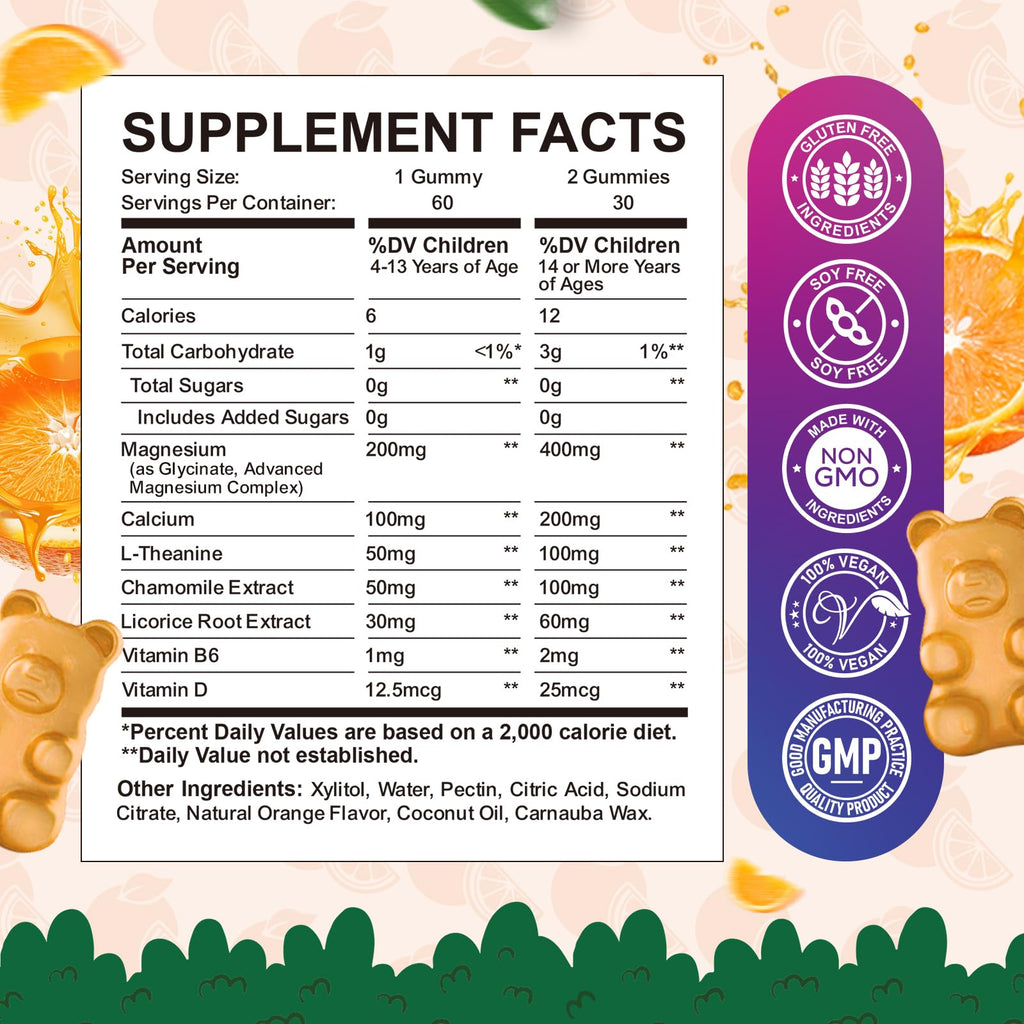 2 Pack Calm Magnesium Gummies for Kids - Magnesium Glycinate Supplement for Sleep, Brain, Immune & Bone Health - Great Tasting Magnesium Gummies for Adults & Kids - Sugar Free Orange
