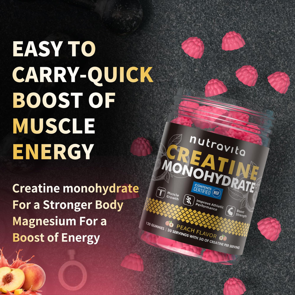Creatine Monohydrate Gummies for Men & Women-5g of Creatine Monohydrate per Serving - Sugar Free,Vegan, Peach Flavor, 120 Count