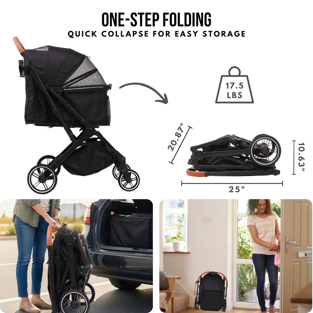Bicystar Pet Stroller for Small Medium Dogs Cats Up to 45 lbs, Travel Lite Collapsible, All Terrain 4 Wheels for Jogging, Running, Black
