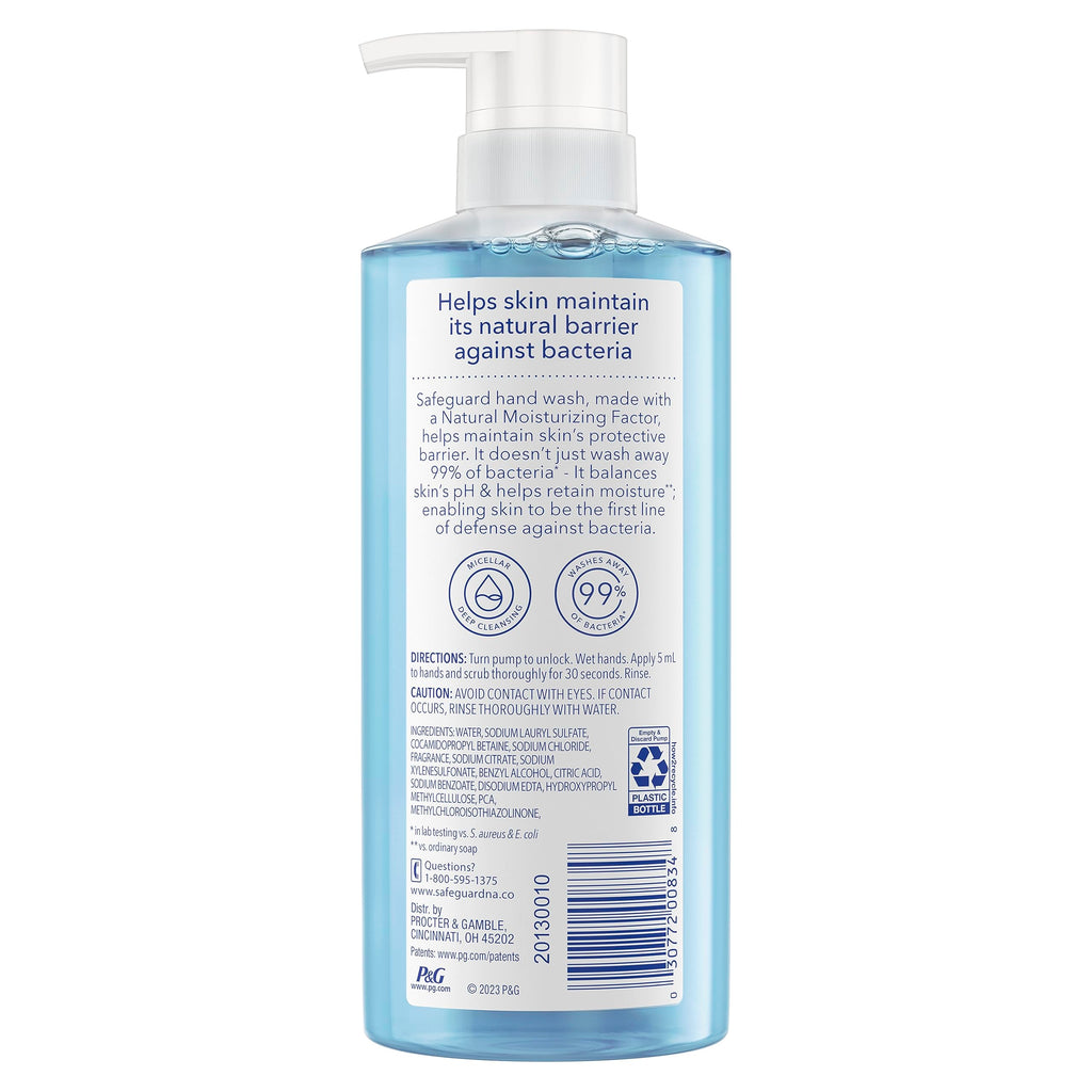 Safeguard Liquid Hand Soap, Micellar Deep Cleansing, Washes Away 99% Bacteria, Made with Natural Moisturizers, Enriched with Skin Conditioners, PH Balanced, Ocean Breeze Scent 15.5 oz (Pack of 4)