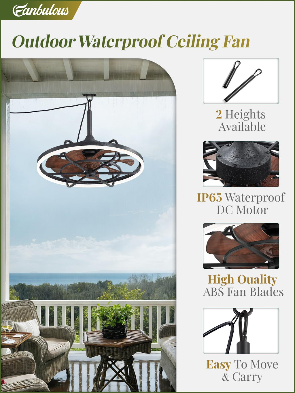 Fanbulous Outdoor Ceiling Fans with Light for Patios, 24" Weatherproof Plug in Ceiling Fan, Gazebo Fan Remote&APP Control, 3CCT Dimmable, Caged Ceiling Fan with Hanging Hook for Porch, Pergola, Canopy