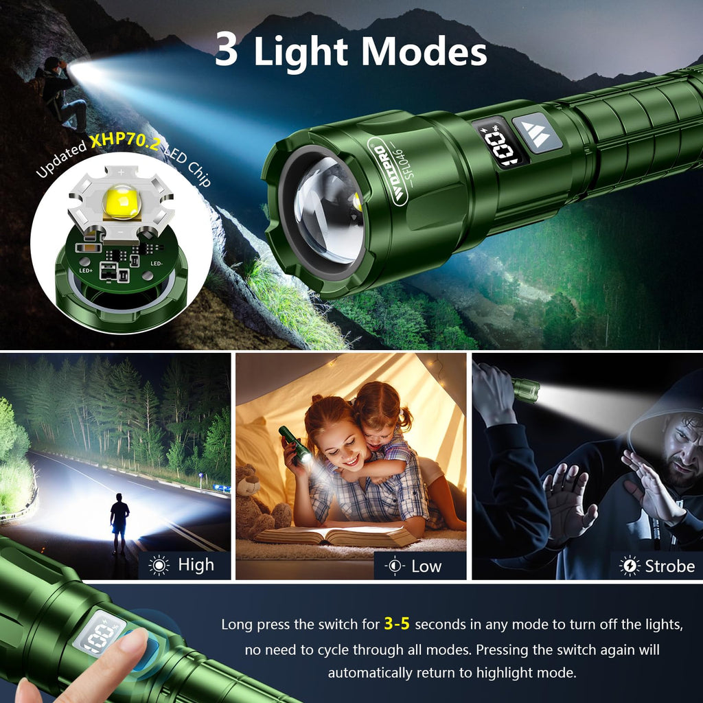 WdtPro LED Rechargeable Flashlight 2 Pack, 3 Modes Super Bright High Lumens Flashlights, Zoomable Tactical Flash Light with LCD Display, IP65 Waterproof Flashlights for Home Emergency Camping - Green