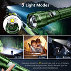 WdtPro LED Rechargeable Flashlight 2 Pack, 3 Modes Super Bright High Lumens Flashlights, Zoomable Tactical Flash Light with LCD Display, IP65 Waterproof Flashlights for Home Emergency Camping - Green